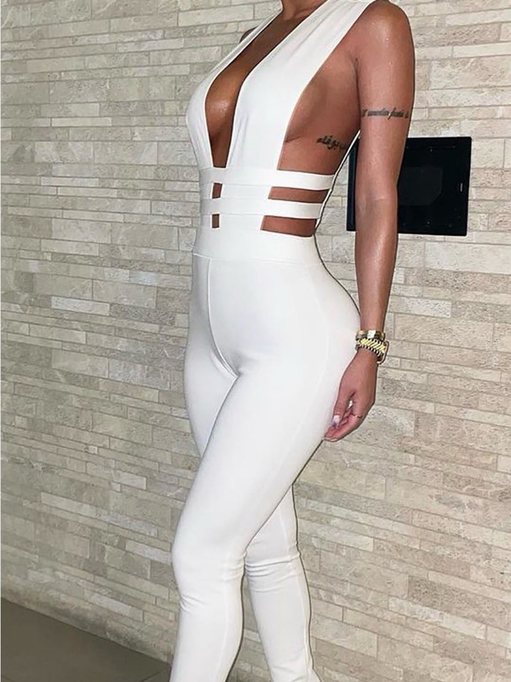 White Plunge Neck Jumpsuit with Cutout Waist